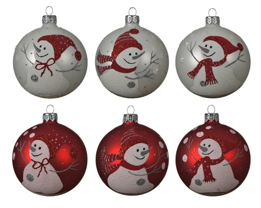 Bauble glass matt snowman 6ass assorted dia8cm