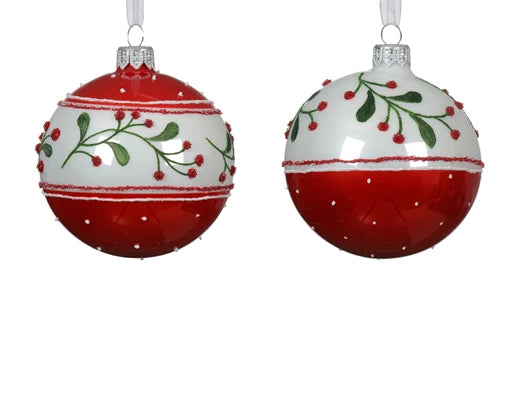 Bauble glass shiny berrie border 2ass christmas red dia8cm