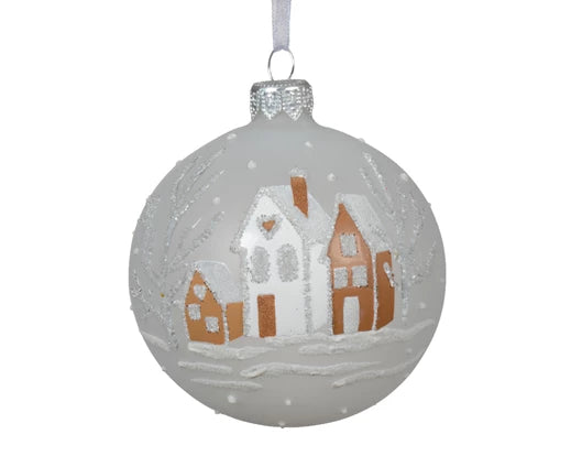 Bauble glass matt natural houses winter white dia8cm