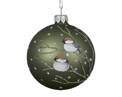 Bauble glass matt birds on branches rosemary green dia8cm