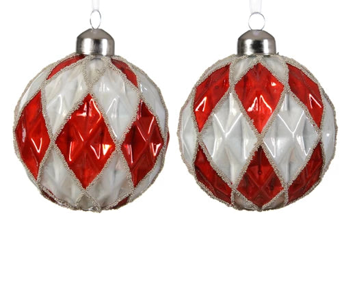 Bauble glass shiny - enamel color w big and small beads checkers 2ass Christmas red/colour(s) dia8cm