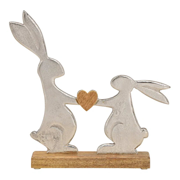 Silver metal rabbit stand on mango wood base (W/H/D) 29x29x5cm