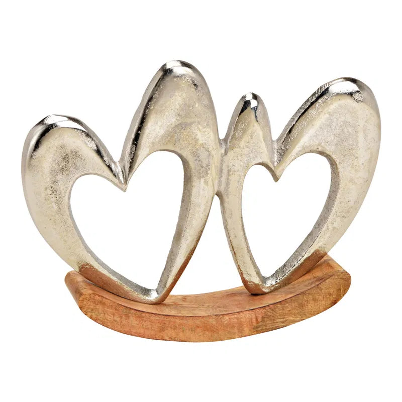 Display swing heart on mango wood base of metal silver 19x14x3cm