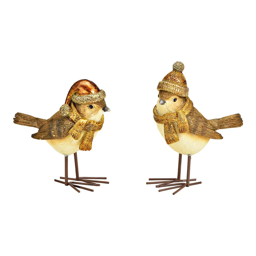 Winter bird, metal feet, made of poly Brown, gold 2-fold, 10x10x5cm