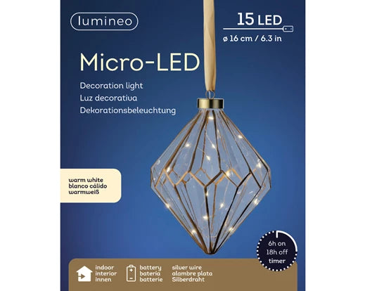 Micro LED diamond steady BO indoor clear/warm white dia16cm x H.20cm