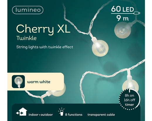 LED cherry lights gb 8 function twinkle effect outdoor transparent/warm white dia2.8cm x L.900cm