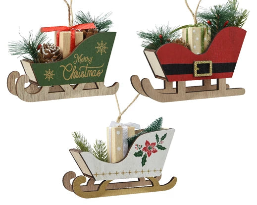 Sleigh plywood gift box,pvc leaf 3col ass fsc mix 70% assorted L.12.5cm x W.4cm x H.8cm