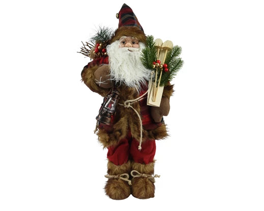 Santa polyester plastic body with red coat in check pattern with christmas hat branch/berry, ski, lantern christmas red L.26cm x W.18cm x H.60cm