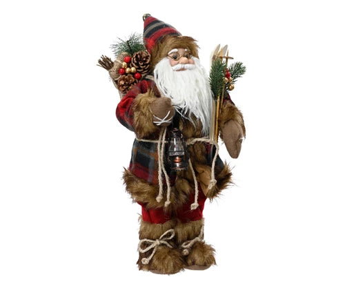 Santa polyester plastic body with red coat in check pattern with christmas hat branch/berry, ski, lantern christmas red L.23cm x W.14cm x H.45cm