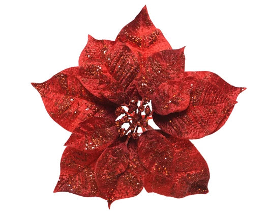 Poinsettia on clip polyester glitter red