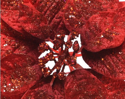 Poinsettia on clip polyester glitter red