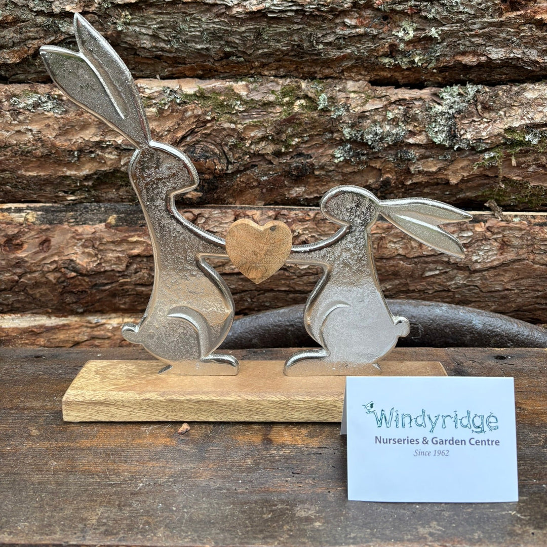 Silver metal rabbit stand on mango wood base (W/H/D) 29x29x5cm