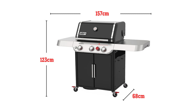 Dimensions for a Weber Genesis E-325s BBQ on a white background