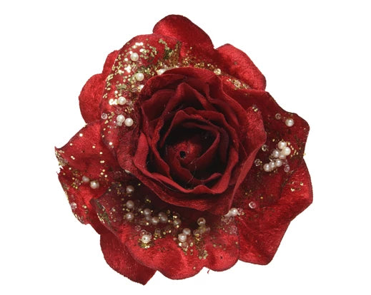 Rose rose on clip polyester pearls, glitters christmas red