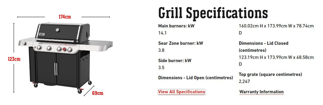 Weber Genesis E-435 Gas Barbecue specifications on a white background